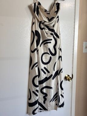 Abstract Satin Midi Dress Beige Black Size 8 Statement Cocktail Dress